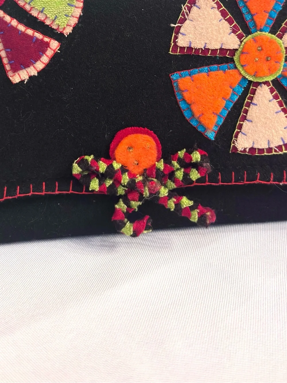 WALLET ~ Handcrafted Black Felt Floral Wallet w/Multicolor Appliqué Accents